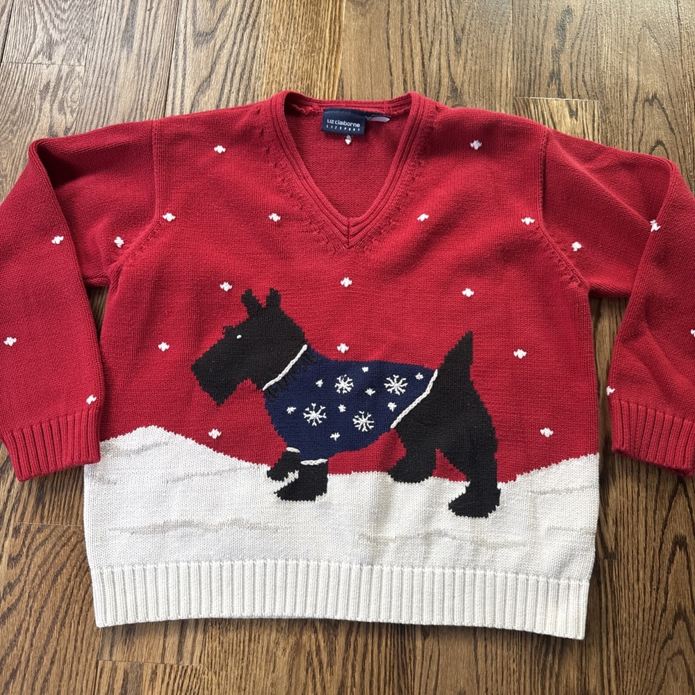 Vintage Liz Claiborne Sport Scottie Dog Sweater Red Cotton Large Made Australia